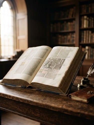 An open heavy theological book on a dark wooden desk, soft natural light streaming from a high window, academic atmosphere, 35mm photography