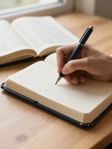 Close-up of hands writing notes in a leather journal next to an open Bible, warm morning light, academic study focus