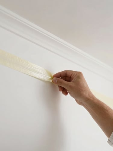 A professional painter in a clean white uniform carefully applying precision masking tape along a crisp skirting board, bright natural daylight, macro detail