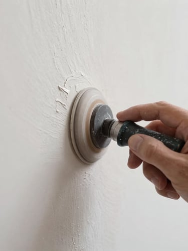 Macro close-up of a painter using a precision sanding tool on a plaster wall, clean dust-sealed workspace, bright work lights showing smooth plaster texture