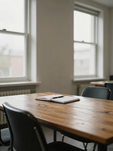Wide shot of a quiet meeting room, two chairs angled toward each other across a worn oak table, a notebook open and a pen resting beside it, soft north-facing daylight through tall windows, no people visible, documentary stillness