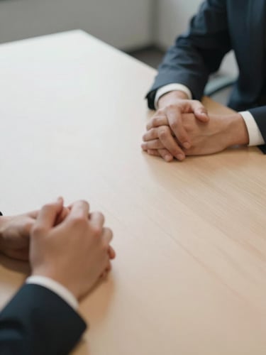 Close-up of two pairs of hands resting on a pale conference table, documents partially visible, north-facing office daylight, calm and still, shot from slightly above at a three-quarter angle, shallow depth of field on the table surface