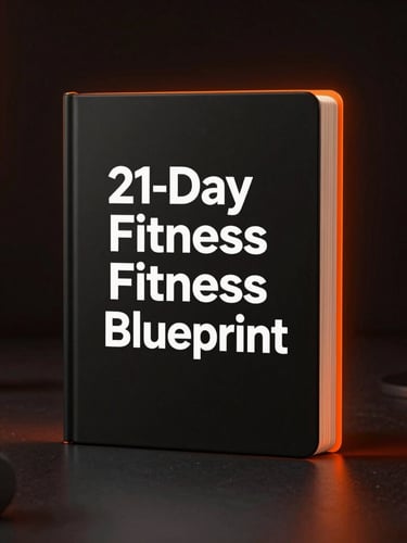 Sleek 3D digital book mockup of the 21-day fitness blueprint, dramatic low-key lighting with vibrant orange rim light, dark studio background.