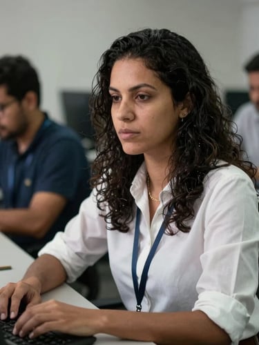 Portrait of a focused Brazilian investigative journalist, mid-shot, natural high-contrast lighting, desaturated realistic tones, 35mm lens, candid documentary style, in a newsroom environment, with a blurred background of other journalists working.