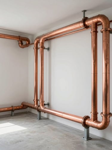 Wide architectural shot of a pristine home mechanical room, perfectly aligned glowing copper manifold piping, clean geometric layout against a white wall, bright natural side light