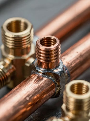 Close-up macro shot of immaculate copper pipe joints and brass fittings, perfectly soldered, clean and polished, highlighting technical trade expertise.