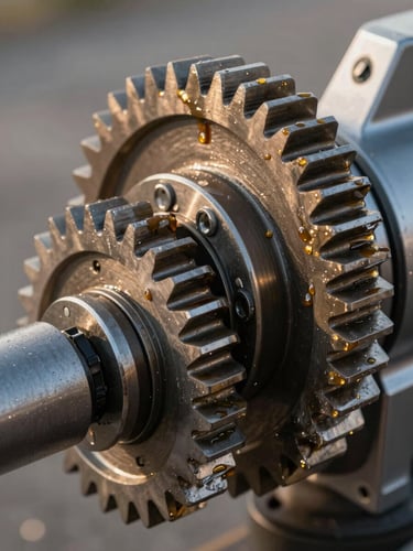 Tight macro shot of a heavy-duty gate operator gear assembly with fresh lubrication, crisp morning light highlighting the metallic teeth and precise mechanical alignment.