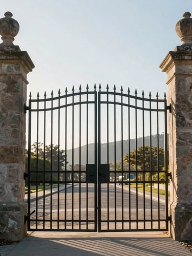 Symmetrical architectural shot of a closed heavy-duty iron estate gate framed by stone pillars in the La Cañada foothills, bright morning light.