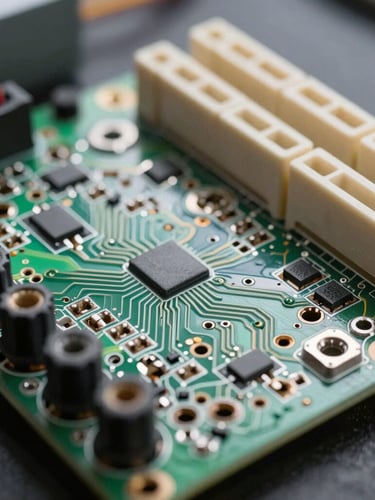 Macro close-up of a clean, high-end gate control board with crisp morning light highlighting the electronic circuits and wiring terminals.
