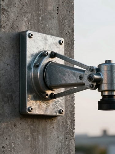 Symmetrical close-up of a heavy-duty steel gate operator arm mounted on a dark concrete pillar, bright morning light highlighting metallic textures, tools resting precisely nearby.
