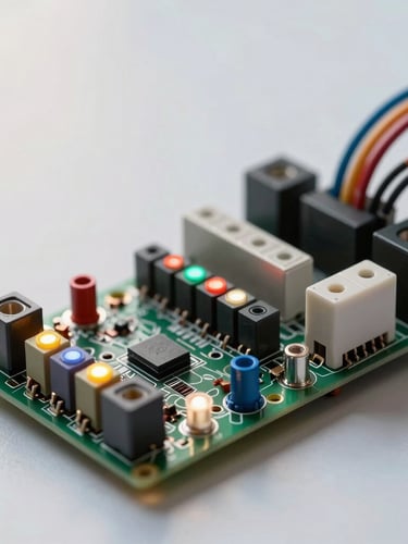 Tight macro shot, clean morning light, a high-voltage gate control board with illuminated diagnostic LEDs, colorful wiring terminals, and integrated relays.
