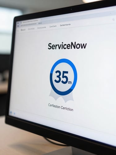 Crisp macro shot of a modern digital interface displaying a ServiceNow certification badge on a sleek monitor, cool screen glow, professional environment, 35mm
