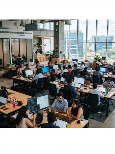 A wide environmental shot of a modern clean tech-hub workspace in Bengaluru, bright natural light with cool screen glow, professional atmosphere, 35mm