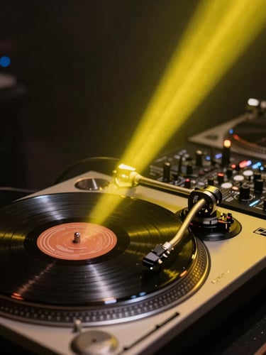 Atmospheric low-light close-up of professional vinyl turntables and DJ mixer, sharp electric-acid yellow light beam cutting through subtle haze in a dark venue.