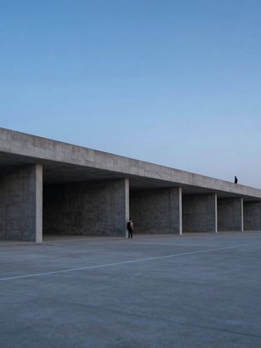 Extreme wide environmental shot of a solitary figure dwarfed by a vast concrete structure at twilight, cool blue hour lighting, expansive negative space.