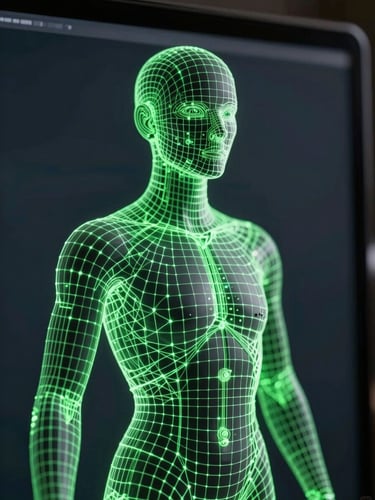 Close-up of a 3D character wireframe model on a dark screen with neon green node lines, dramatic studio lighting