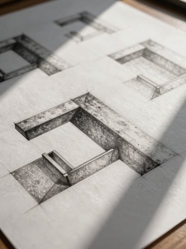 Tight abstract close-up of architectural graphite drawings on heavy paper, casting sharp shadows under natural morning light.