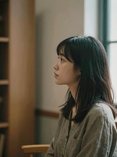 Thoughtful woman looking out of a window in a quiet library, soft natural daylight, muted earth tones, 35mm editorial photography