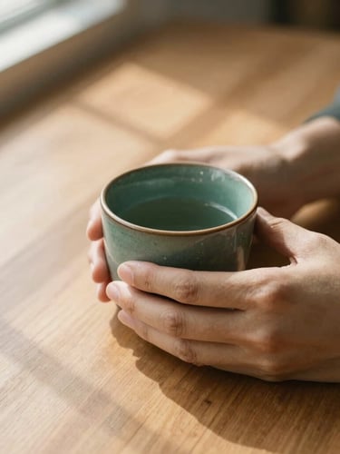 Close-up of hands holding a warm ceramic cup over a wooden table, soft shadows of window frames, quiet and calm editorial setting