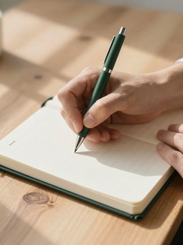 Close-up of hands writing in a journal on a wooden desk with soft morning shadows, clean and serene editorial photography