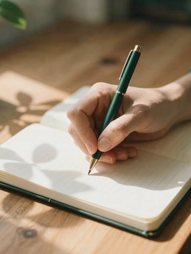 Close-up of hands writing in a linen notebook on a wooden desk, soft morning sunlight casting leaf shadows, warm editorial photography, shallow depth of field