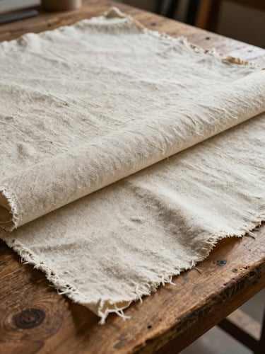 A portrait crop of heavy cotton canvas fabric on a wooden workshop table, natural overcast side-light highlighting the rich texture and weave, neutral tones.