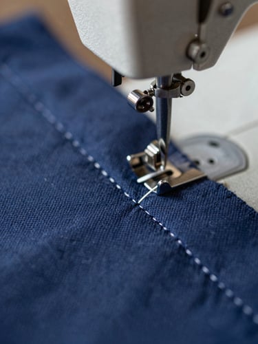 Macro close-up of heavy-duty double-needle stitching on navy blue canvas fabric, soft side lighting revealing cotton texture, industrial sewing machine needle blurred in background