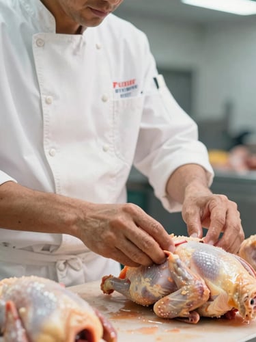 Close-up of a professional Colombian butcher in a spotless white uniform carefully selecting fresh poultry cuts in a brightly lit, modern clean facility.