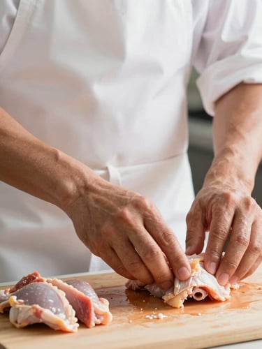 Close-up of a Colombian butcher in a clean, modern white apron carefully preparing fresh chicken cuts under bright morning light