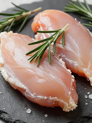 Close-up of fresh, raw chicken breast on a dark slate board, garnished with fresh rosemary sprigs and sea salt, bright natural morning light, high clarity.