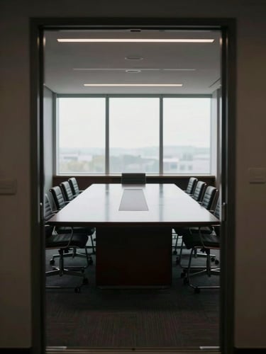 Wide environmental shot from a doorway looking into an empty boardroom, a long dark table reflecting overhead light, floor-to-ceiling windows with soft natural daylight, no people present, architectural calm