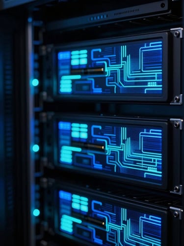 Macro close-up of a high-tech server rack with glowing neon-cyan and deep indigo lights, abstract data visualizations flowing across screens, low-key moody studio lighting, sharp angles.