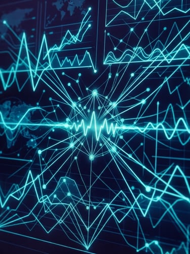 Macro shot of a glowing digital screen displaying real-time programmatic bidding data, sharp neon-cyan lines, deep indigo background, high-contrast tech aesthetic.
