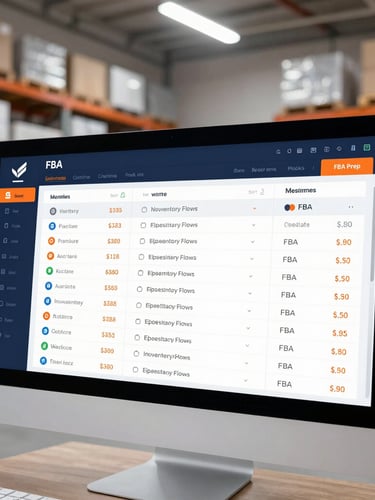 Crisp digital dashboard mockup displaying real-time inventory flows and FBA prep status, cool blue interface with warm orange accents, high-contrast, modern SaaS UI