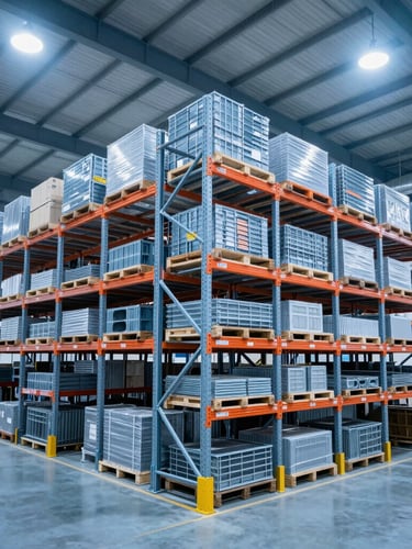Wide-angle environmental shot of organized high-density racking systems under clean, professional warehouse lighting with cool blue tones.