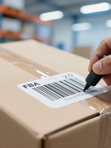 Macro shot of a hand applying an FBA barcode label to a clean cardboard box, bright modern warehouse lighting with cool blue tones and warm orange accents, sharp focus, 35mm lens