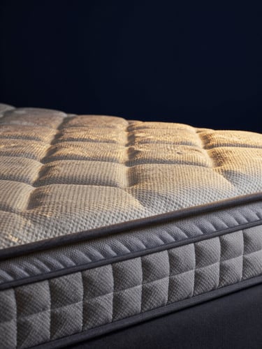 Macro close-up of high-tension steel pocket springs inside a mattress, dramatic studio lighting, deep navy background with gold reflections, premium product photography, 35mm