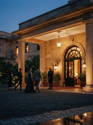 Low-key ambient shot of Lutyens' Delhi architecture, warm stone pillars under a soft twilight sky, luxury hotel entrance, 35mm