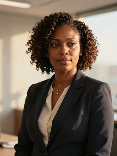 Dignified medium portrait of an African female executive in a luminous, warm-toned office, looking off-camera with quiet confidence, soft golden hour light, high-end editorial style.