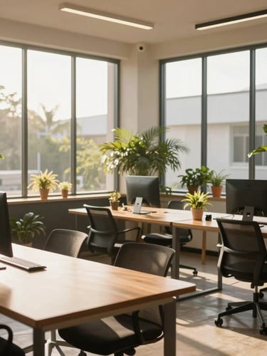 Luminous, modern workspace in Abidjan with warm morning light streaming through high windows, minimal clean wooden tables, and green plants, creating an inspiring professional environment.
