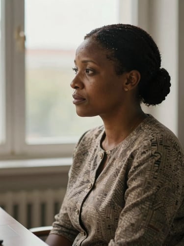 Portrait de profil d'une femme leader africaine pensive et sereine, éclairée par une lumière naturelle et dorée à travers une grande fenêtre de bureau.