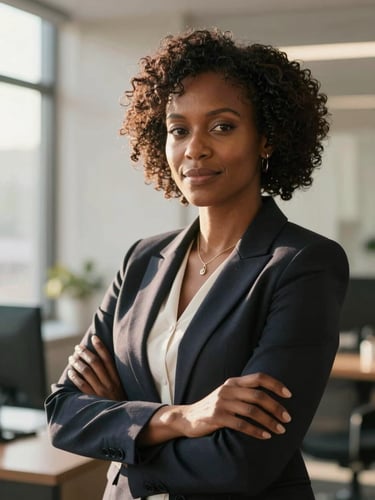 Dignified portrait of an African female executive in a warm, sunlit office, showing quiet confidence and professional authority, soft morning light