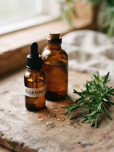 Macro close-up of amber glass apothecary bottles resting on a textured clay surface next to a fresh rosemary sprig and delicate oil droplets, bathed in soft, diffused side-lit window daylight with gentle, organic shadows.