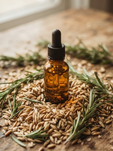 An amber glass bottle of botanical oil resting on raw oat kernels and rosemary sprigs, soft diffused daylight casting gentle shadows