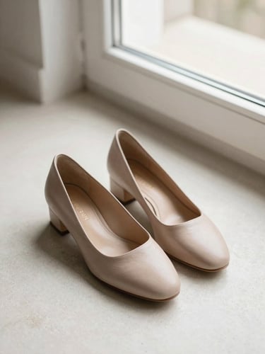 Zapatos de piel minimalistas en suelo de microcemento claro, sombras de ventana, estética boutique.