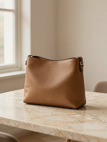 Bolso de piel marrón suave sobre mesa de travertino, iluminación natural cálida, composición minimalista.