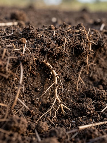 Extreme macro close-up of rich dark loam soil structure, visible organic matter and root systems, early morning low-angle sunlight, 35mm lens