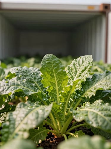 Extreme close-up of fresh green organic crops inside a modern refrigerated distribution container, soft natural light reflecting off crisp leaves, 35mm lens.
