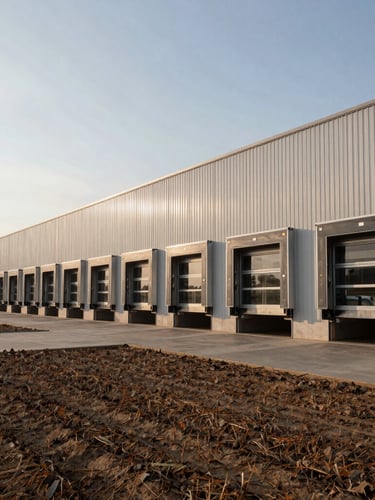 Wide-angle crisp editorial shot of a modern clean agricultural distribution facility, early morning low-angle sunlight, stainless steel loading docks, 35mm lens.