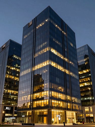 Wide architectural angle of modern Erbil business district at dusk, crisp twilight, deep navy and warm gold interior lights reflecting on glass facades, premium corporate photography, 35mm